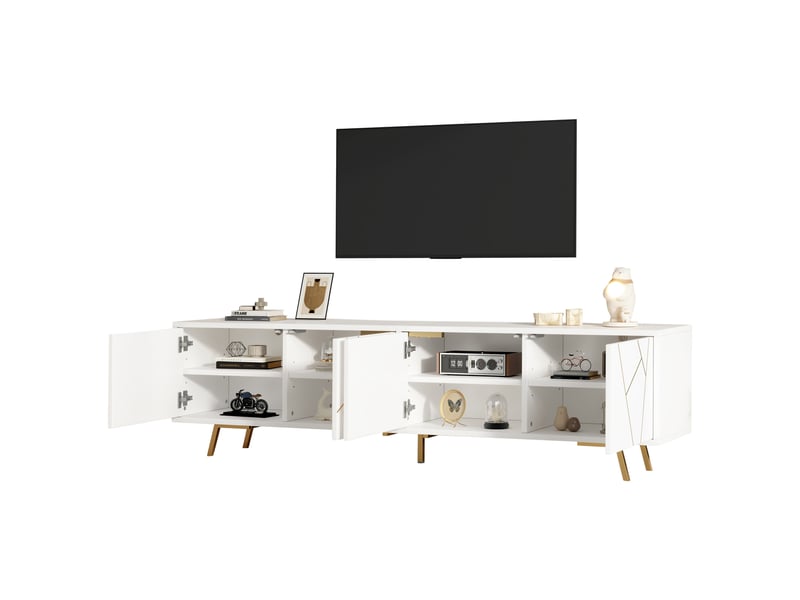  Meuble tv 190 cm pour téléviseur 85 pouces, meuble tv blanc et or avec 4 portes et étagères  - Conforama A