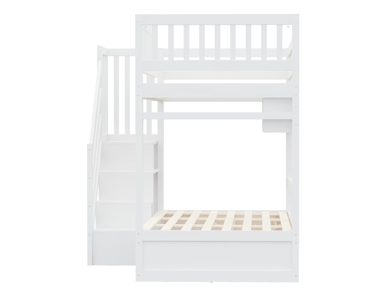  Lit mezzanine 90x200 cm en pin avec escalier de rangement, coffre hydraulique, led et prises blanc Fay Lum - Conforama E