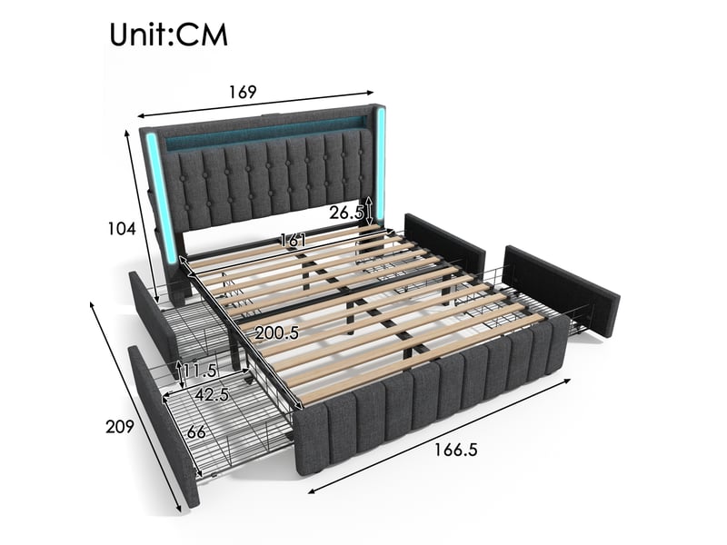 Lit double avec rangement 160 x 200 cm gris avec led, usb et usb type-c - Conforama E