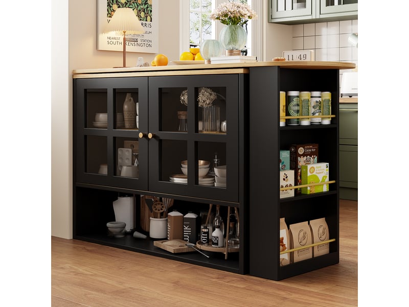  Ilot cuisine, buffet de cuisine avec rangements intégrés, plateau extensible, pivotant à 360°, dimensions 138 à 204 x 39 x 102,5 cm, mdf, noir  - Conforama B