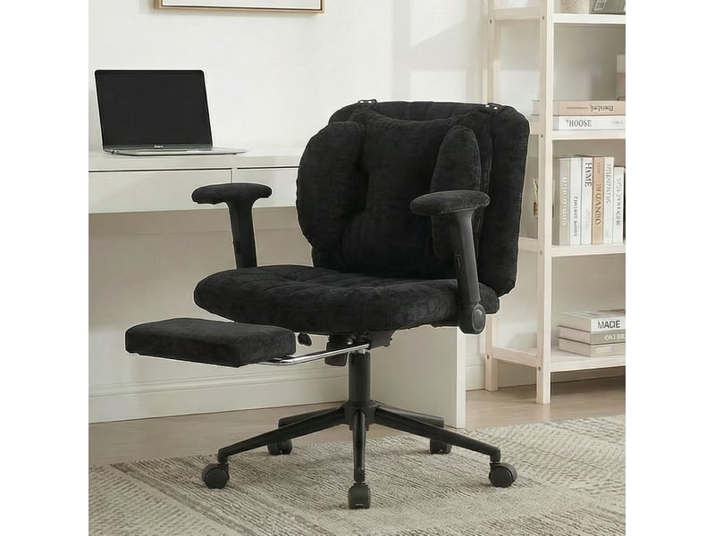  Chaise de bureau gaming pivotante en tissu noir, hauteur réglable avec repose-pieds, accoudoirs et roulettes  - Conforama B