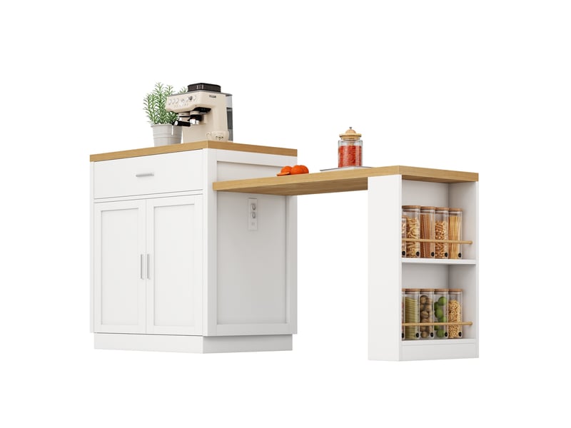  Desserte de cuisine avec table extensible, 2 tiroirs, placard et étagères, prises et ports usb, 188 × 55 × 92 cm  - Conforama A
