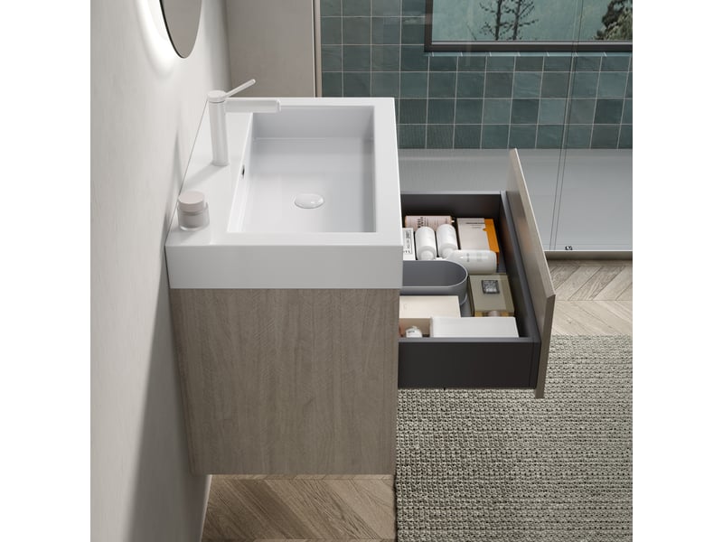  Meuble sous lavabo avec vasque intégrée, tiroir et étagère ouverte - lpospi - fermeture douce, résine, chêne clair et blanc  - Conforama C