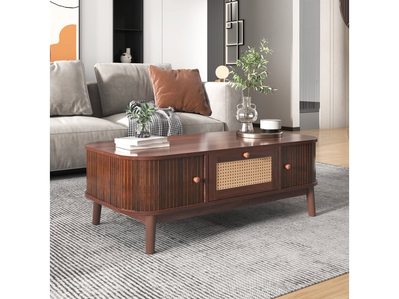  Table basse 110x55x38,5 cm, grand rangement, détails rotin, porte coulissante, design moderne pour salon et séjour - naturel  - Conforama E