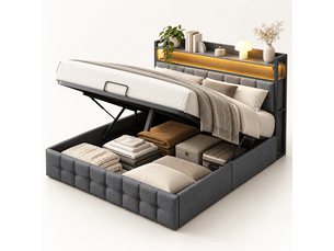 Lit coffre double 140x190cm avec led et prise usb tpye c - rangement de chevet et tête de lit rembourré- hydraulique - lit adulte 2 personnes - tissu - gris - lit capitonné, lit 2 places, cadre de lit, lit ado, sommier à lattes, lin, lit ado,sans matelas