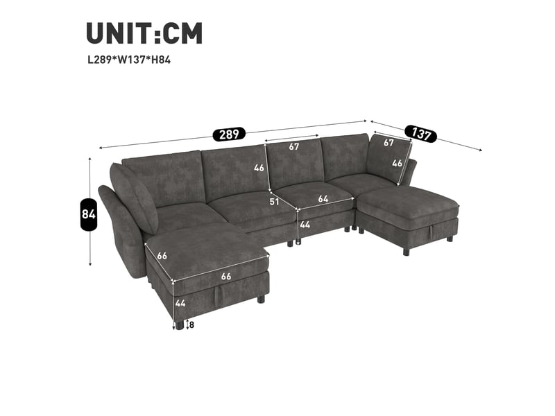  Canapé d'angle modulable en u 6 places en tissu chenille gris avec poufs de rangement  - Conforama D