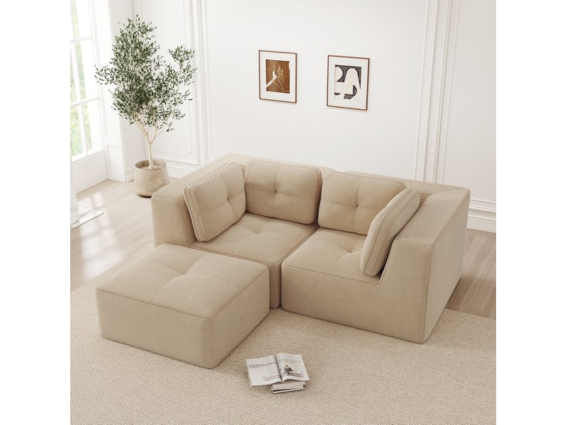  Canapé modulaire en l 2 places 208x177x69 cm, sans montage, déplaçable, repose-pieds, en velours côtelé, beige  - Conforama B
