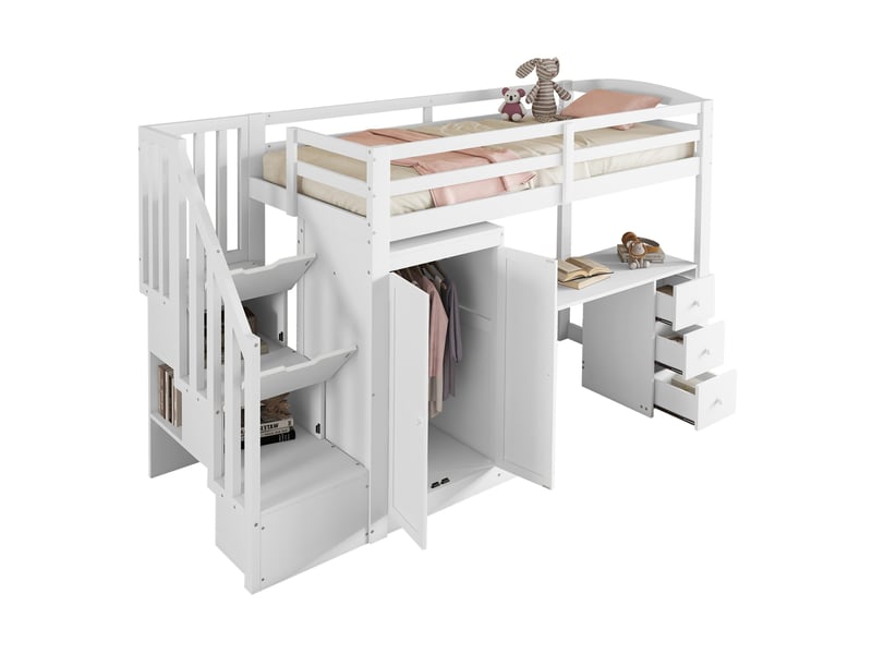 Lit mezzanine 90 × 200 cm 1 place avec bureau, armoire, 3 tiroirs et escalier de rangement, sans matelas, blanc - Conforama A