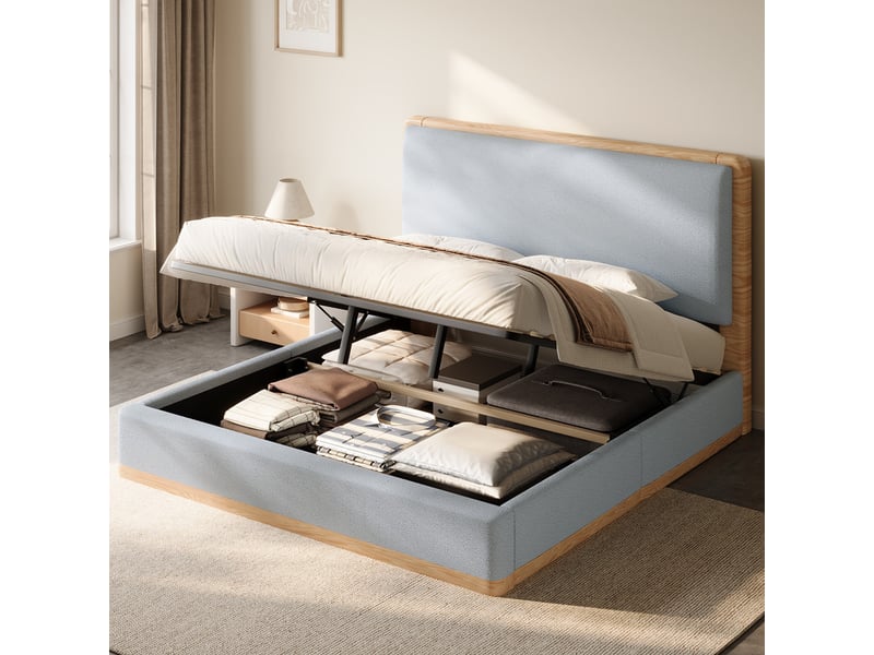 Lit coffre rembourré 180x200 cm - rangement coffre - tête de lit rembourrée et sommier à lattes - mdf - gris+naturel (sans matelas) - Conforama E