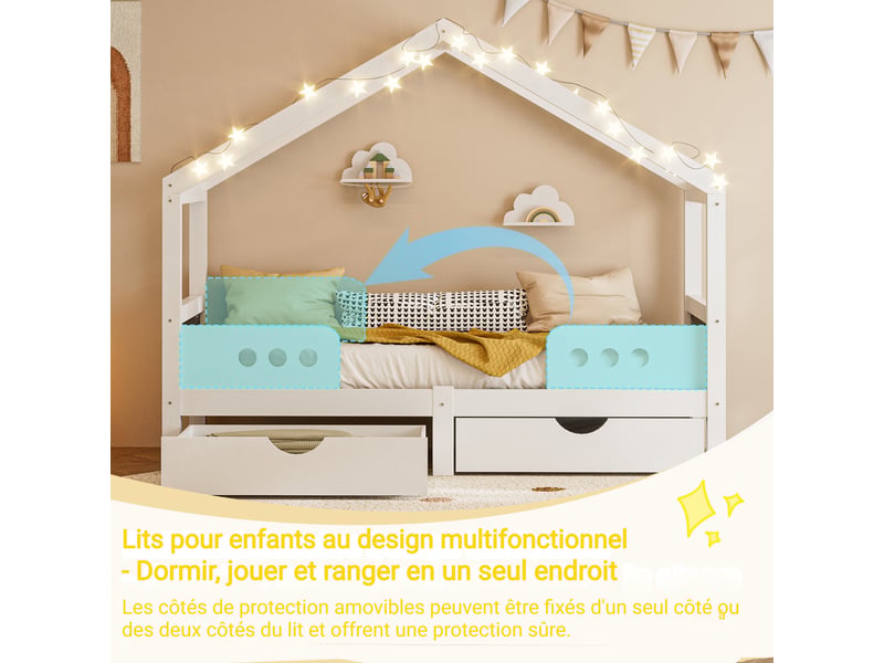  Lit enfant cabane - certification en747 - design toit - 2 tiroirs - bois+mdf - revêtement uv - capacité 120 kg 207x95x151cm - Conforama B