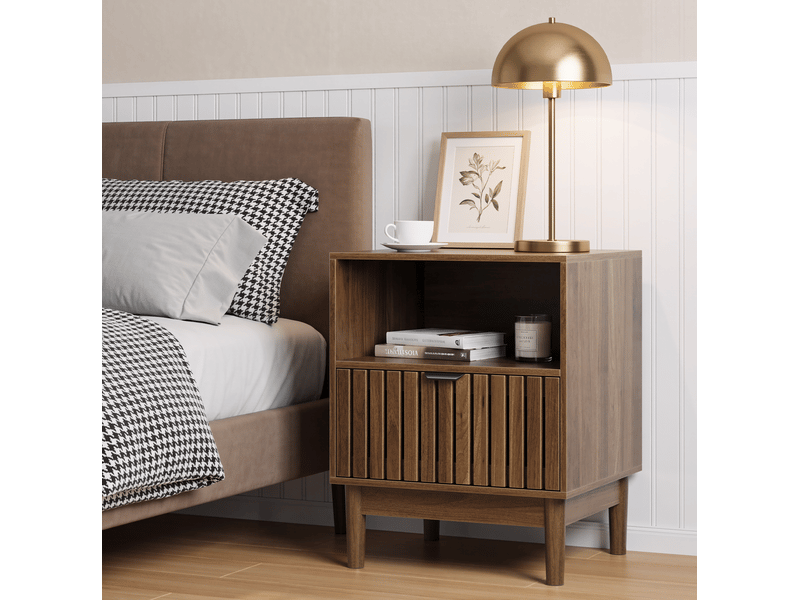  Table de chevet 45x39x56,5 cm, 1 tiroir, rangement ouvert, style moderne mi-siècle, mdf, noyer  - Conforama B