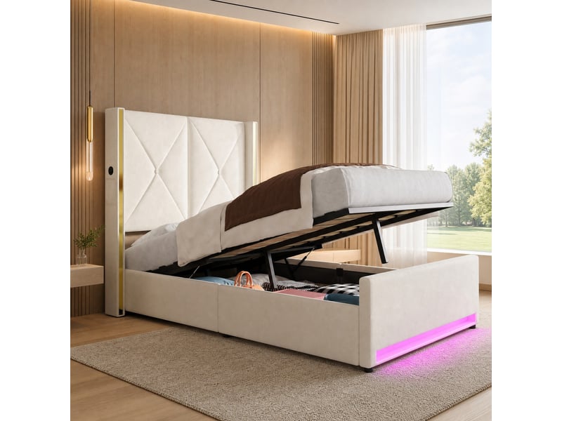 Lit coffre 90x200 cm avec led et ports usb et type c en velours beige  - Conforama D