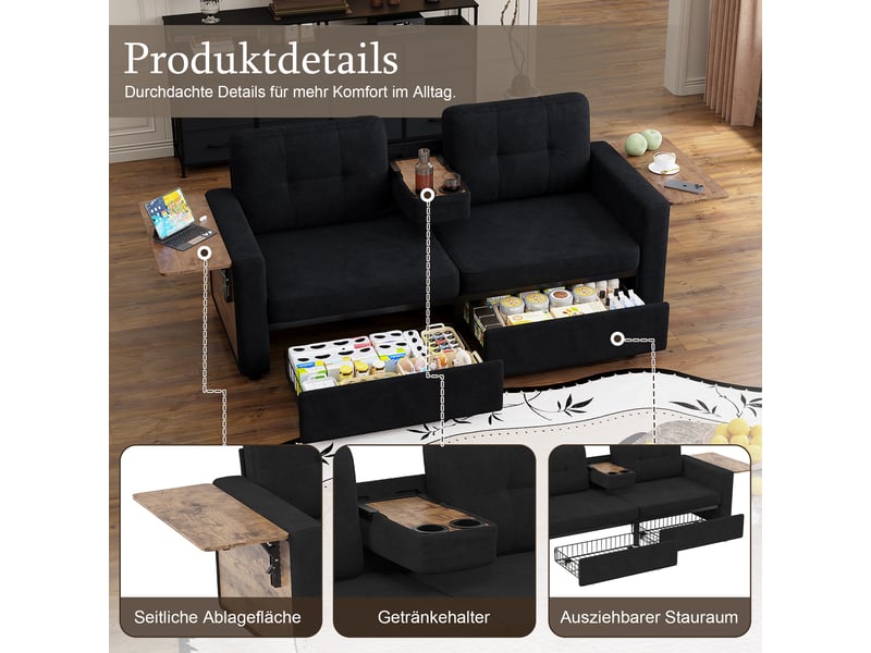  Canapé convertible 2 places noir 178 × 71 × 57.5 cm en chenille, confort quotidien, pour le salon, style moderne  - Conforama E
