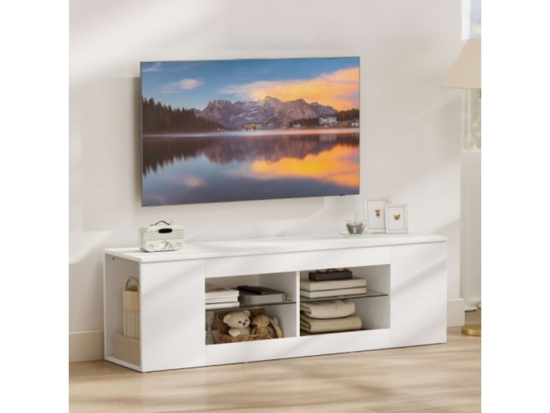 Meuble tv blanc 140 cm - 6 compartiments - 2 étagères en verre - panneau de particules - Conforama E
