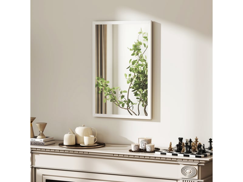  Miroir mural rectangulaire 60 x 40 cm, cadre en bois blanc, salon ou chambre, idéal pour la salle de bain  - Conforama W