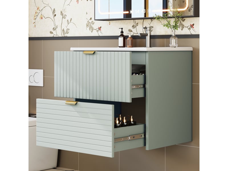  Meuble vasque suspendu 61x46x57 cm, 2 tiroirs, meuble de salle de bain, armoire de rangement, mdf vert menthe, moderne  - Conforama B