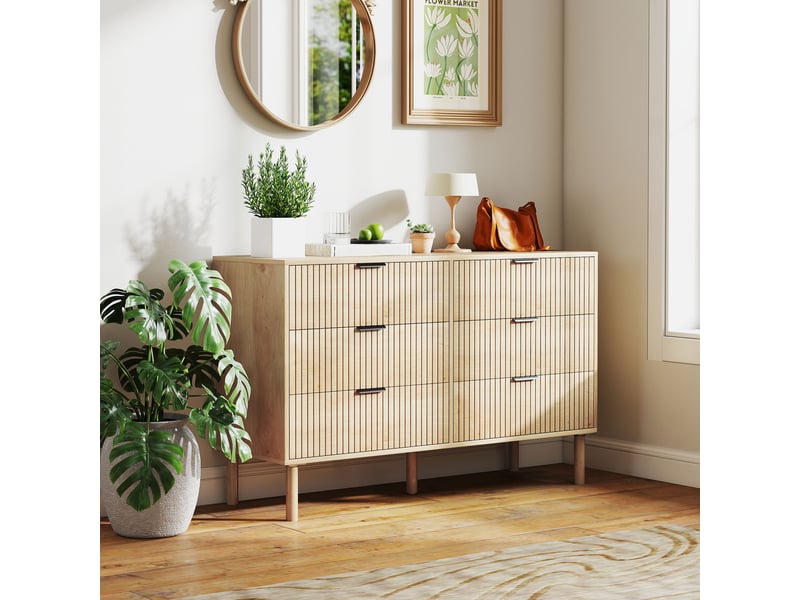 Commode en bois de style nordique à 6 tiroirs pour chambre et entrée, 120 x 39,5 x 75 cm, chêne  - Conforama D