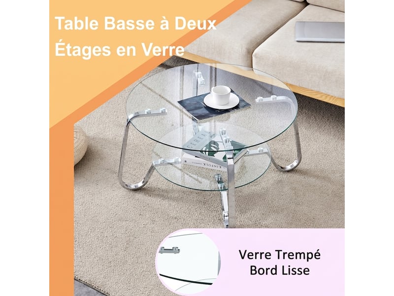  Table basse ronde en verre trempé à double plateau, métal argenté, 80x45cm  - Conforama C