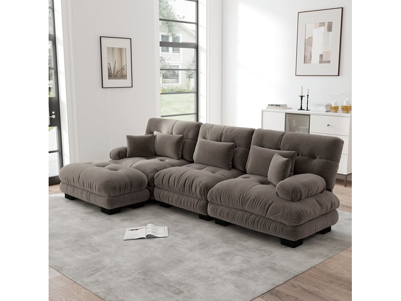 Canapé d’angle modulaire en l 313x145x81 cm 3 places avec ottomans mobiles chenille marron - Conforama C