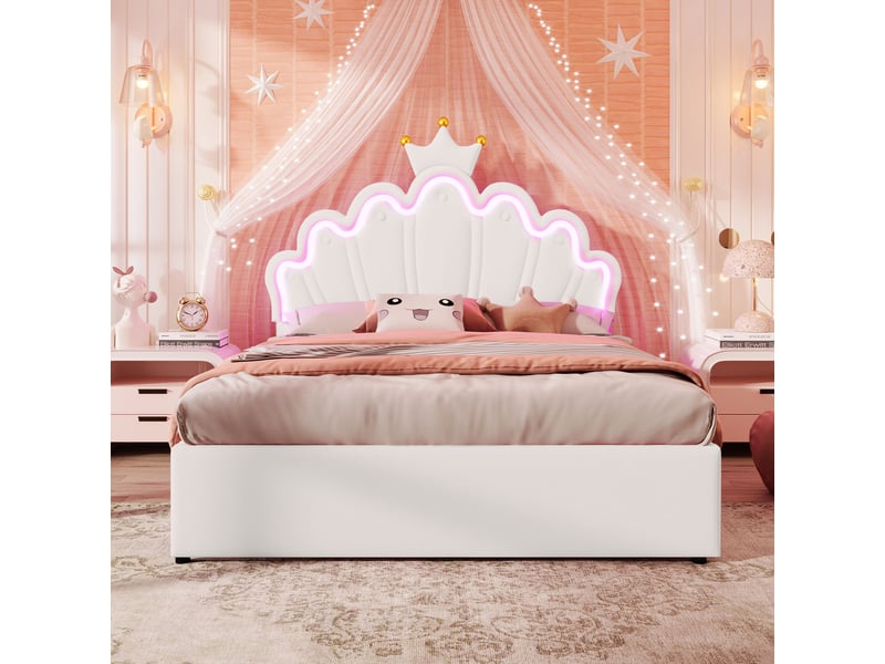 Lit enfant 140x200cm avec led, tiroirs, tête réglable, style princesse, sommier, pu blanc, sans matelas - Conforama B