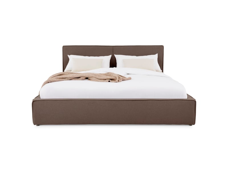  Lit double calm rembourré 160 x 200 cm avec tête de lit en tissu et sommier - grège  - Conforama D