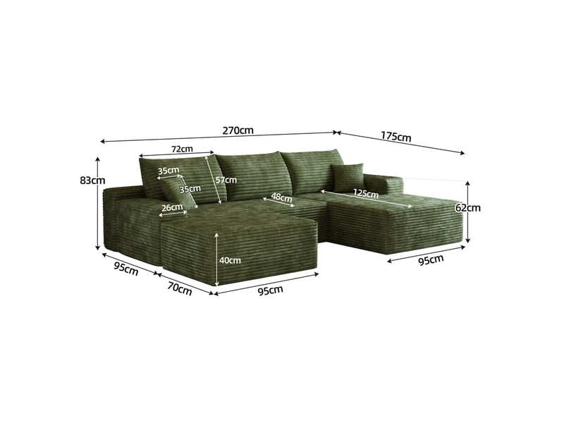  Canapé d'angle modulaire 4 places en velours côtelé vert, assise profonde, sans montage, 270 x 175 cm  - Conforama C