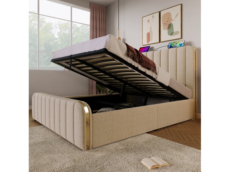  Lit coffre 140 x 200 cm beige en lin avec matelas, ports usb et type-c  - Conforama D