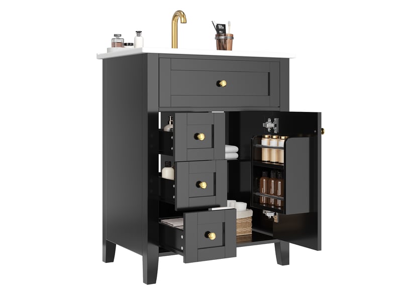  Meuble sous vasque avec tiroirs et porte à fermeture douce - lpospi - mdf et vasque céramique noir 61 × 47 × 86 cm  - Conforama A