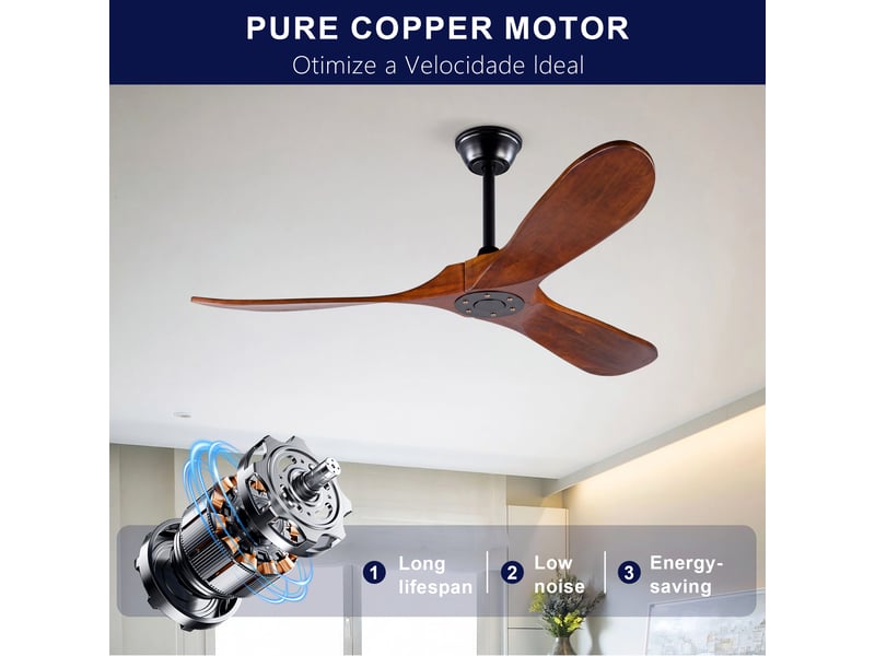 Ventilateur de plafond 132 cm sans éclairage bois massif noir et noyer foncé 6 vitesses télécommande silencieux minuterie et mémoire - Conforama D