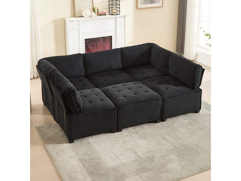  Canapé d’angle modulable 6 places 308x154x81,99 cm, forme u-l et fonction couchage, poches de rangement, structure bois-métal, velours côtelé noir  - Conforama E