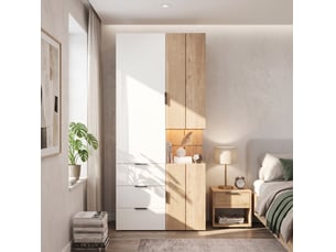 Armoire 90x49x200 cm avec éclairage led et tiroir à bijoux, mdf, blanc et bois, dressing et accessoires pour chambre