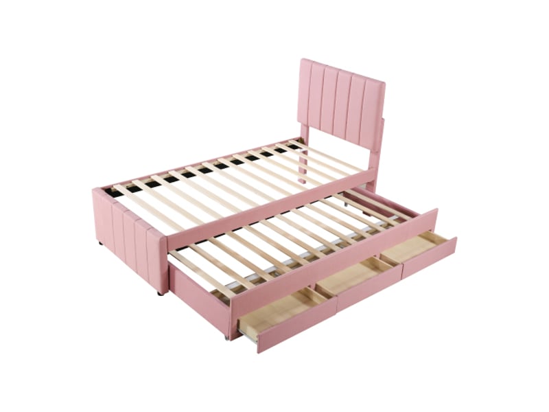  Lit rembourré jeune 90x200 cm avec 1 lit gigogne 90x190 cm et 3 tiroirs, lin et mdf, rose (sans matelas)  - Conforama A