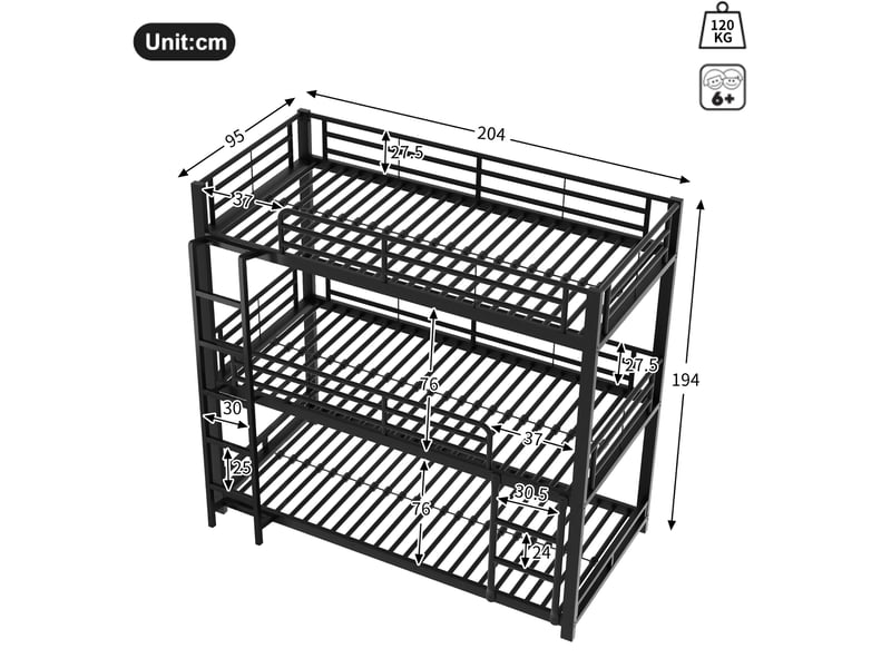  Modenvie lit superposé triple 90x200 cm - structure en métal, garde-corps, sans matelas - noir  - Conforama C