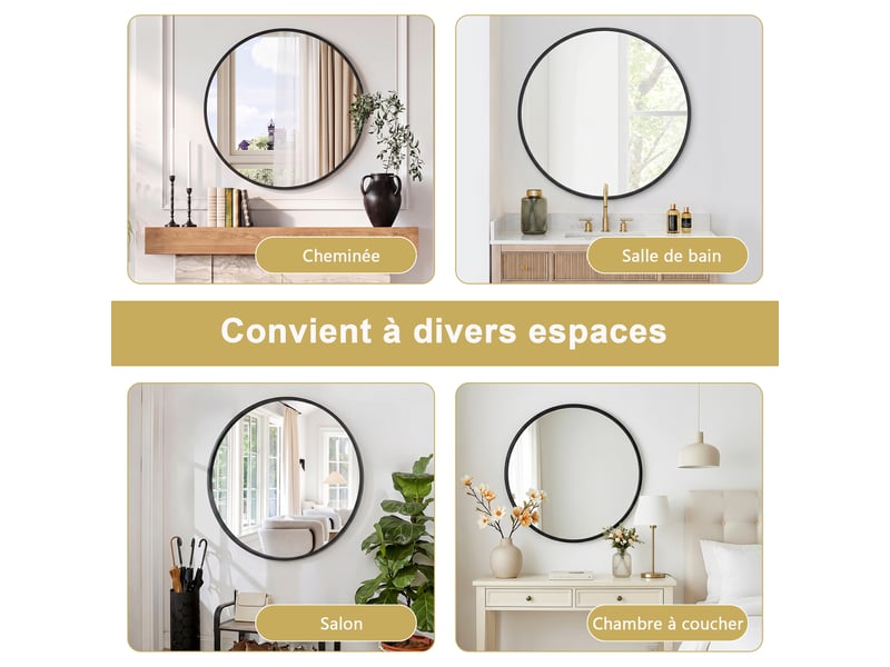  Miroir mural 75x75 cm, cadre en aluminium, forme circulaire, lignes épurées, pour salle de bain ou séjour,noir  - Conforama E