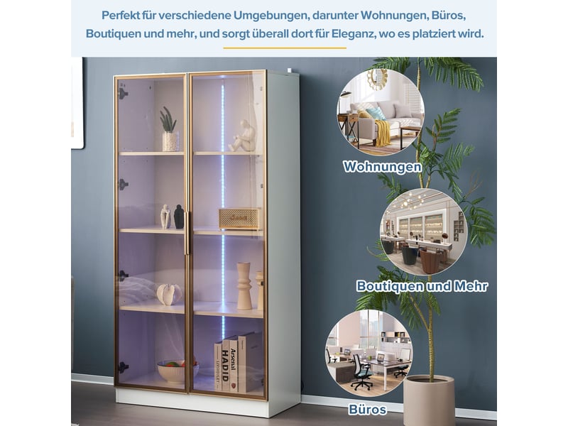  Ensemble de deux vitrines blanches pour salon, portes vitrées marron, éclairage led bluetooth, étagères réglables et 2 tiroirs  - Conforama E