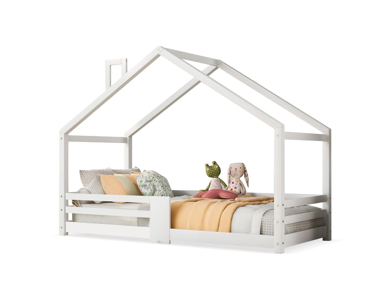  Lit enfant 90x200, garde-corps sécurité lit cabane enfant, structure pin massif, peinture non toxique, design cheminée ludique  - Conforama A
