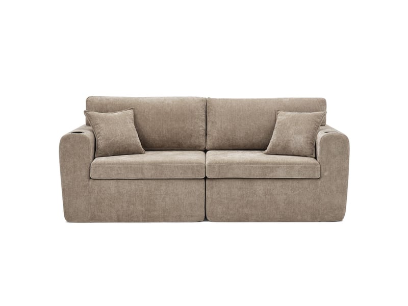  Canapé 2 places format compact petits espaces revêtement chenille doux poche magazine latérale porte-gobelet intégré coussins inclus coloris marron  - Conforama A