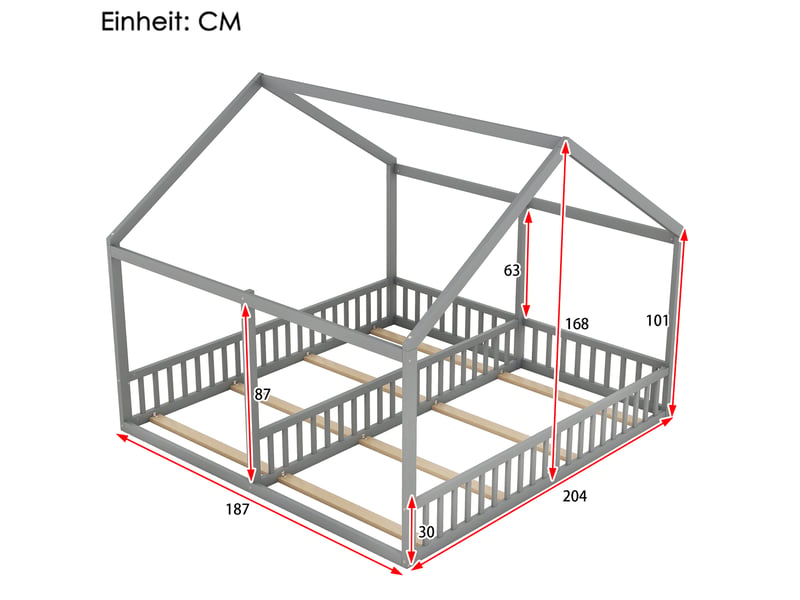 Lit cabane 2 couchages 90x200 cm gris style maison avec barrières - Conforama C