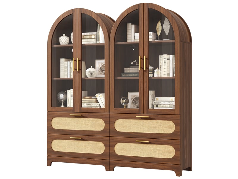  Lot de 2 vitrines 80x40x175 cm, bibliothèque avec 2 portes vitrées, 2 tiroirs, étagères réglables et arches style montmartre, marron  - Conforama A