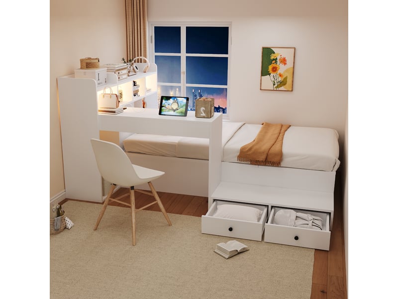  Lit en bois 90 x 200 cm – avec espace de rangement – ​​rangement intégré dans la tête de lit – prise électrique incluse – éclairage led – blanc (matelas non inclus)  - Conforama E