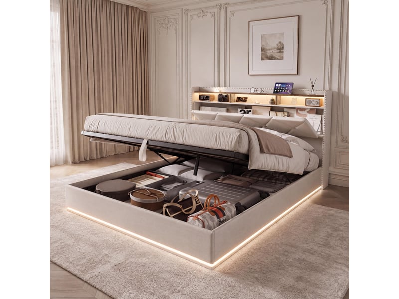  Lit coffre 140x200 cm, lit simple avec led rgb et ports usb, cadre de lit capitonné en tissu lin avec tête de lit de rangement, beige  - Conforama B