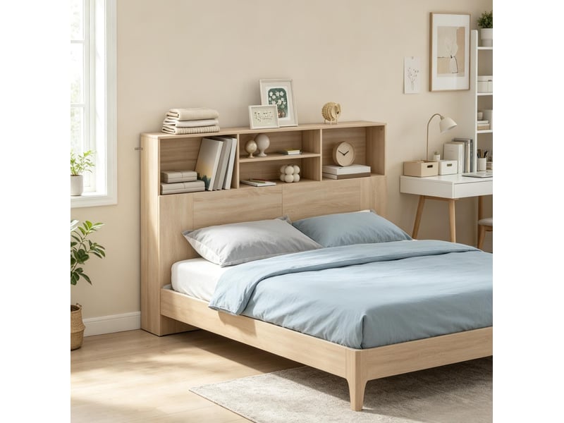  Tête de lit avec 4 niches ouvertes et fixation murale, rangement pour chambre, naturel, 140 × 19 × 103,5 cm  - Conforama B