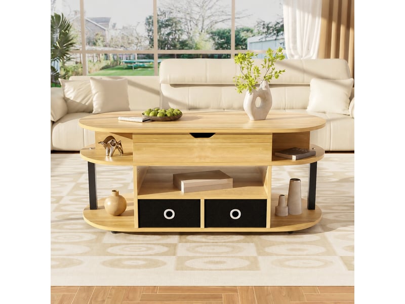  Table basse relevable avec 2 tiroirs en tissu, effet bois et noir, 105 x 50 cm  - Conforama B