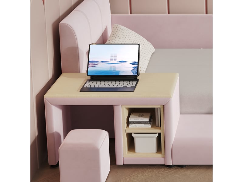  Lit enfant rembourré avec bureau et tabouret - 90x200cm - tablette, niches et tête de lit rembourrée - avec sommier à lattes - rose  - Conforama E