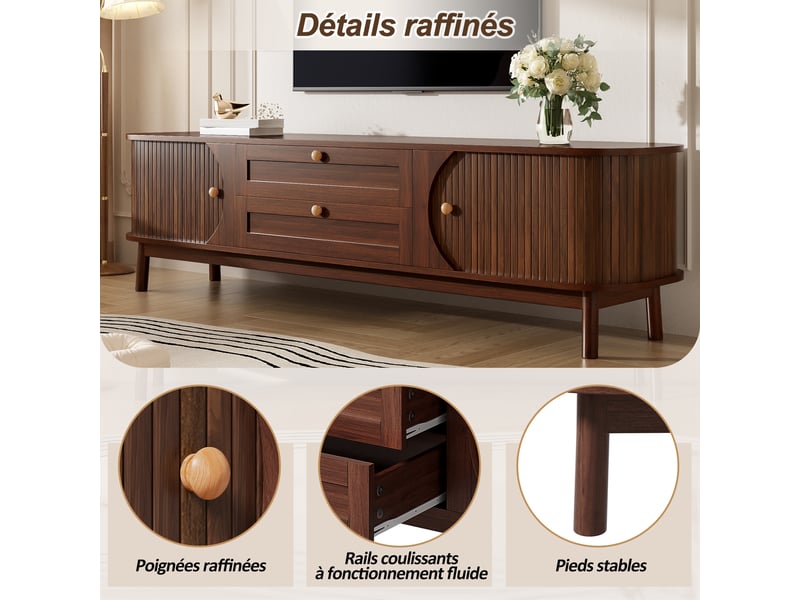  Meuble tv avec portes coulissantes et tiroirs pour salon 170×39,5×46 cm en mdf noyer  - Conforama D