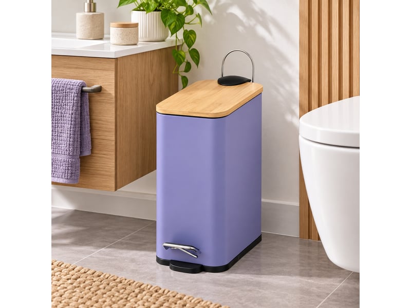  Poubelle à pédale en métal bleu et couvercle en bambou naturel avec seau intérieur amovible, capacité 5l - longueur 25 x profondeur 14 x hauteur 27 cm  - Conforama B