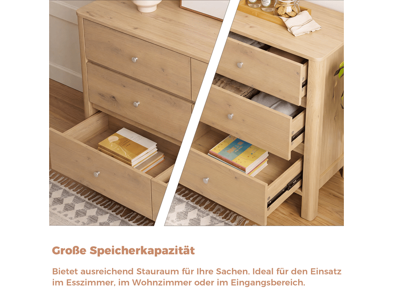  Commode 6 tiroirs en panneau de particules coloris chêne 120 x 40 x 80 cm  - Conforama E
