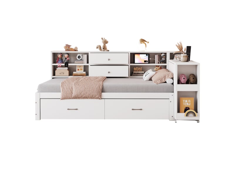  Lit enfant 90x200 cm, lit simple avec rangement, 4 tiroirs, étagères dissimulées, bureau coulissant, prises électriques, blanc, sans matelas  - Conforama D