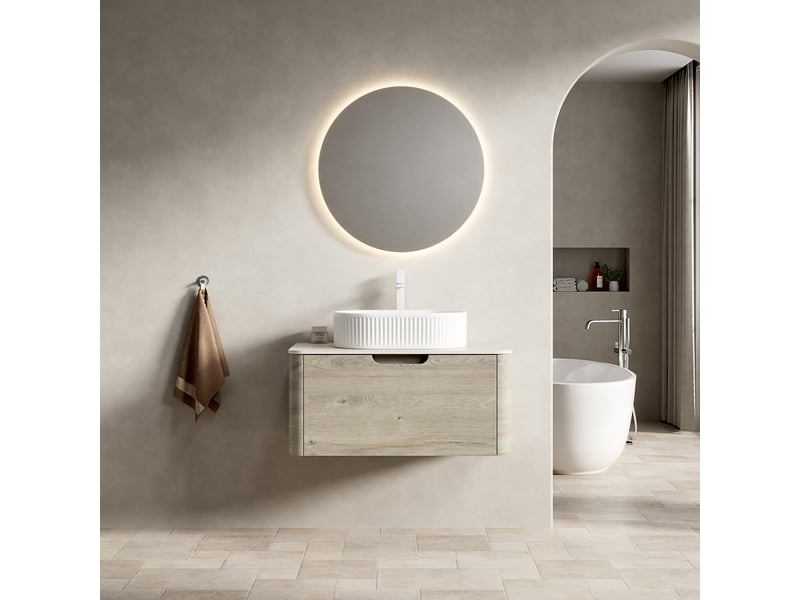 Meuble sous vasque suspendu avec 1 tiroir à fermeture douce et lavabo ovale en céramique pour salle de bain beige - Conforama C