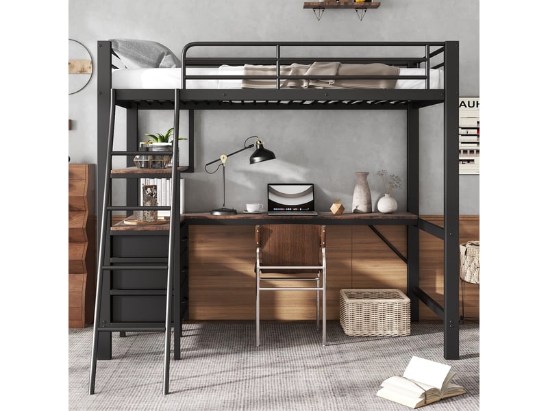  Lit mezzanine 90x200 cm avec bureau, lit gain de place pour enfant et adolescent avec 3 tiroirs, structure en métal et bois style industriel, noir  - Conforama C